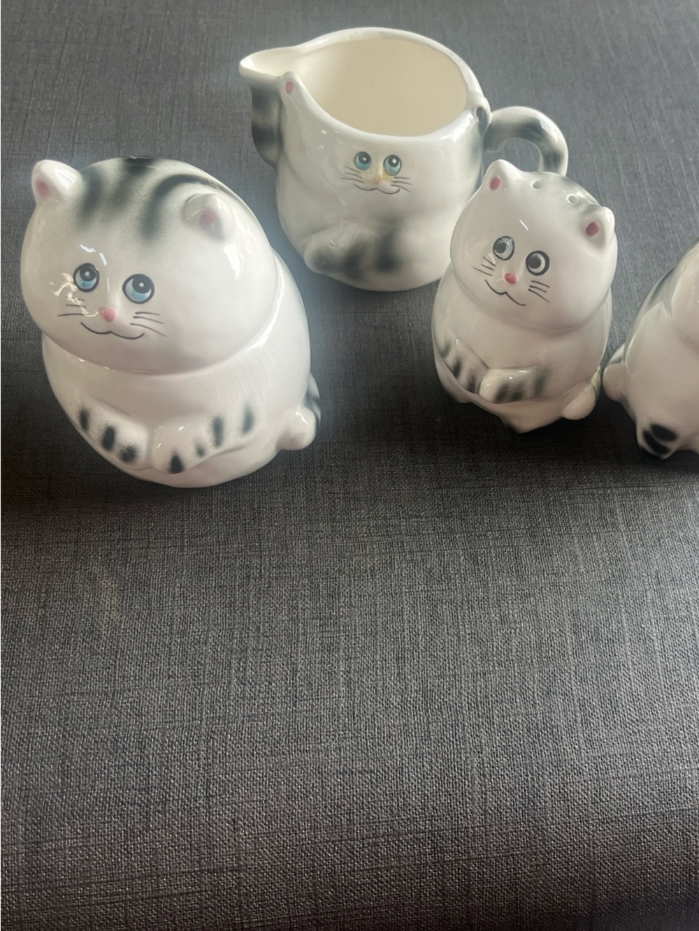 Lefton White and Gray Ceramic Cat Creamer and Figurine Set